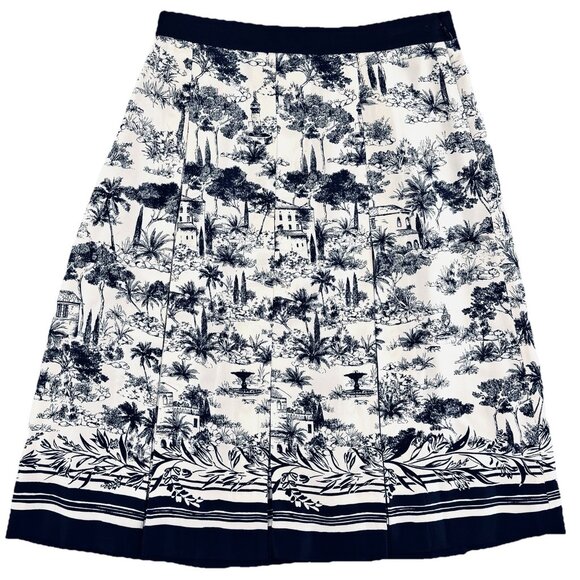 Tory Burch Vallauris Toile Print Silk Pleated Skirt Size 4 White Navy Lined Midi - Picture 1 of 10